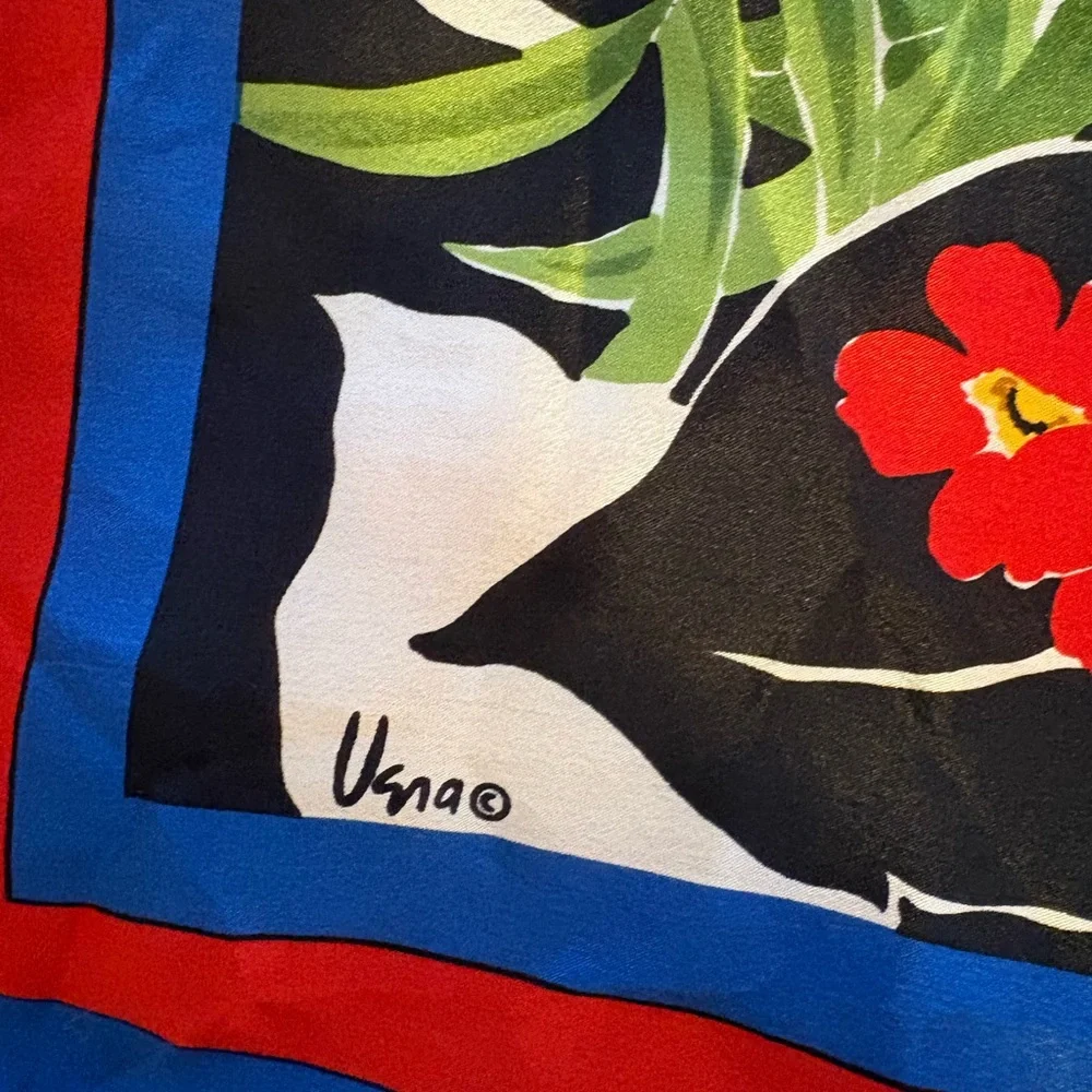 Vera Neumann Floral Silk Scarf in Blue, Red, Black.  One size